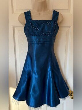 Vintage Jessica McClintock Gunne Sax Blue Sequin Satin Mini Party Dress 3 Short